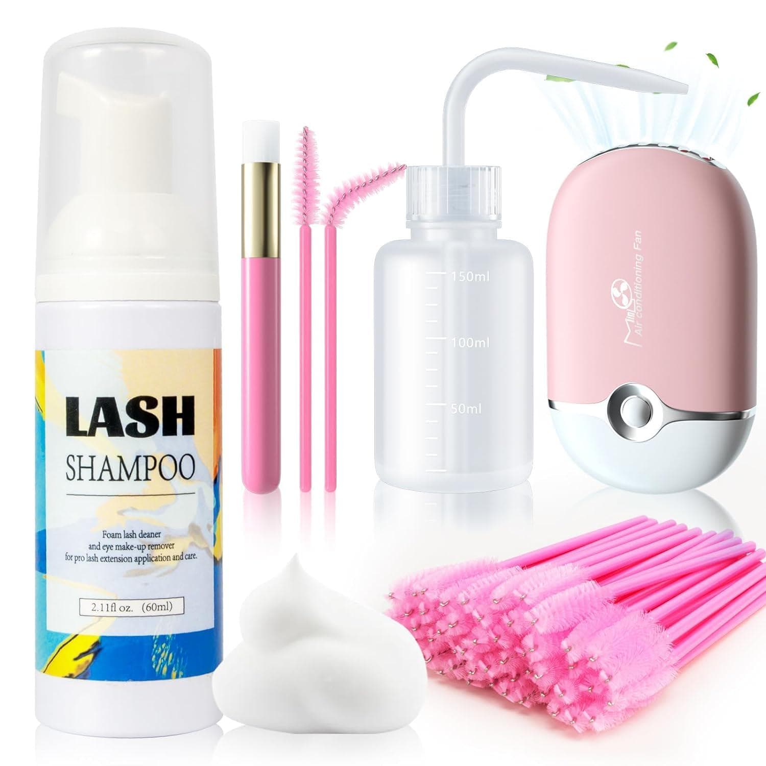 Buqikma Lash Shampoo for Lash Extensions,2.11Floz Eyelid Cleansing Foams,USB Mini Lash Fan,Bottle Mascara Brush Cleaning Brush Lash Cleaning Kit for Professional and Home Use(Pink)