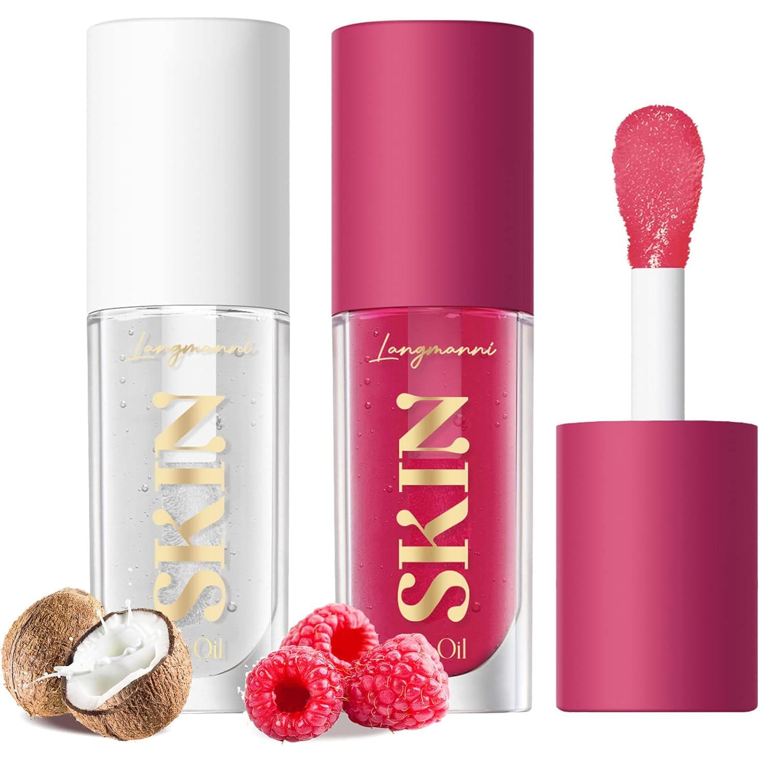 LANGMANNI Moisturizing Lip Oil,No-Sticky Lip Gloss Lip Balm Lip Care,Fruit Flavoured Lip Oil For Dry Lip’s Moisturizing Hydrating And Nourishing ((Raspberry+Coco))