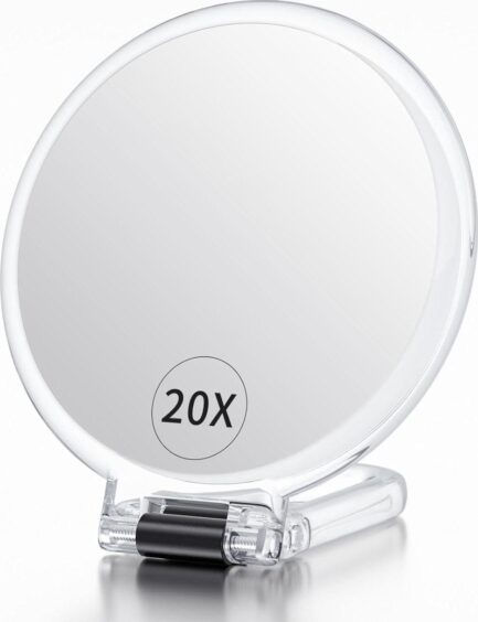 Handheld Magnifying Mirror, 20X/1X Travel Mirror 5.4  Double Sided Hand Mirror with Handle, Small Hand Held Mirror with Adjustable Handle, Travel Makeup Mirror with 20x Magnification