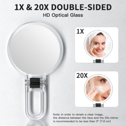 Handheld Magnifying Mirror, 20X/1X Travel Mirror 5.4  Double Sided Hand Mirror with Handle, Small Hand Held Mirror with Adjustable Handle, Travel Makeup Mirror with 20x Magnification - Image 2