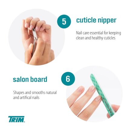 TRIM Manicure and Pedicure Kit Includes Fingernail Clipper, Toenail Clipper, Nail Scissors, Cuticle Nipper, Cuticle Pusher, Nail Brush, Salon Board, 4-Step Buffing Board and Storage Pouch 8 Pieces - Image 4