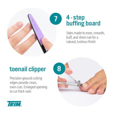 TRIM Manicure and Pedicure Kit Includes Fingernail Clipper, Toenail Clipper, Nail Scissors, Cuticle Nipper, Cuticle Pusher, Nail Brush, Salon Board, 4-Step Buffing Board and Storage Pouch 8 Pieces - Image 5