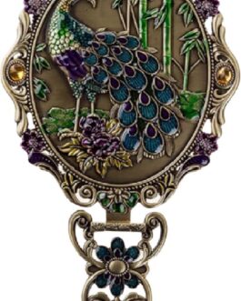 Vintage Hand Mirror, Vanity Makeup Mirror, Travel Foldable Peacock Antique Handheld Mirror, Portable Adjustable Embossed Handle Mirror, Decorative Oval Metal Beauty Cosmetic Mirror, Bronze-2