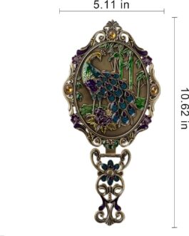 Vintage Hand Mirror, Vanity Makeup Mirror, Travel Foldable Peacock Antique Handheld Mirror, Portable Adjustable Embossed Handle Mirror, Decorative Oval Metal Beauty Cosmetic Mirror, Bronze-2